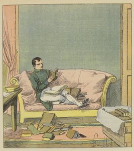 Napoleon går gjennom bøkene som nettopp har blitt sendt til ham av after Louis Charles Bombled