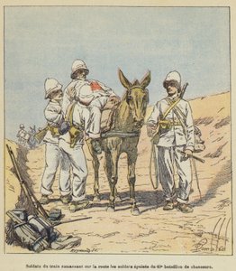Soldater fra toget plukker opp de utmattede soldatene fra 40. Chasseur Bataljon fra veien av after Louis Charles Bombled