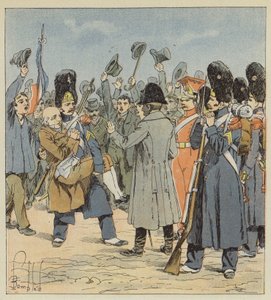 En grenader fra øya Elba tar med seg sin utenårige far til Napoleon, bærende ham i armene av after Louis Charles Bombled