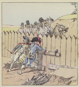 En sersjant fra Saint-Georges-garnisonen gjenkjenner de østerrikske husarene på deres nye frakker av after Louis Charles Bombled