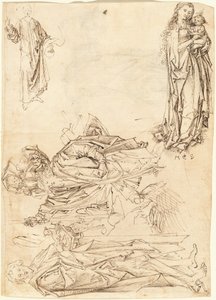 Den hellige Christopher, den hellige døperen Johannes, jomfruen og barnet, og Kristus velsignelse (recto) av after Martin Schongauer Master of the Drapery Studies