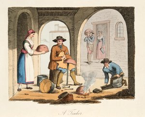 A Travelling Tinker, fra Italian Scenery, som representerer manerer, skikker og fornøyelser i de forskjellige statene i Italia, pub. 1806 (håndfarget gravering)