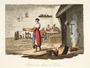 Interiør av et hus på Fondi, fra italiensk natur, som representerer manerer, skikker og fornøyelser i de forskjellige statene i Italia, pub. 1806 (håndfarget gravering)