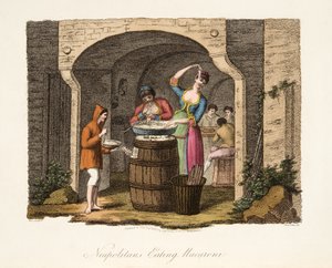 Neapolitans Eating Macaroni, fra Italian Scenery, som representerer manerer, skikker og fornøyelser i de forskjellige statene i Italia, pub. 1806 (håndfarget gravering)