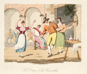 The Dance of the Tarantella, fra Italian Scenery, som representerer manerer, skikker og fornøyelser i de forskjellige statene i Italia, pub. 1806 (håndfarget gravering)