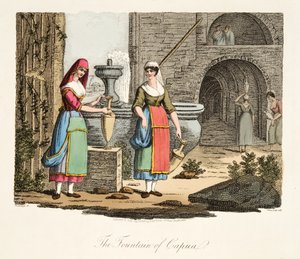 The Fountain of Capua, fra Italian Scenery, som representerer manerer, skikker og fornøyelser i de forskjellige statene i Italia, pub. 1806 (håndfarget gravering)