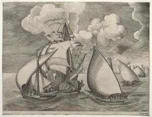 Seilfartøy: En flåte av bysser eskortert av en karavel av after Pieter Bruegel