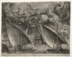 Seilfartøy: To bysser som seiler bak en væpnet tremester med Phaeton og Jupiter i himmelen av after Pieter Bruegel