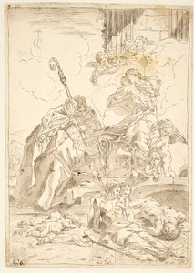 Madonnaen og barnet viser seg for to mannlige helgener under et pesteutbrudd av after Pietro Testa