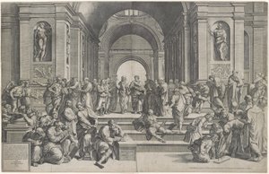 Skolen i Athen. Pub. 1550 av after Raphael
