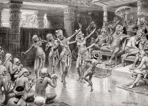 Et kunstnerinntrykk fra 1800-tallet av Gautamiputra Satakarani som feirer sin seier over Nahapana, fra Hutchinsons History of the Nations, pub.1915