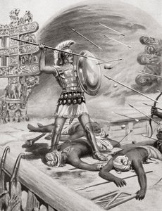 Alexander den store kjempet mot Assacani ved den befestede byen Massaga, India under hans indiske kampanje i 326 f.Kr., fra Hutchinsons History of the Nations, pub.1915
