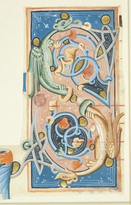 Ornamentert initial S, hvis buer delvis består av to drager.