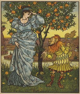 Den gule dvergen redder prinsessen fra løvene av after Walter Crane