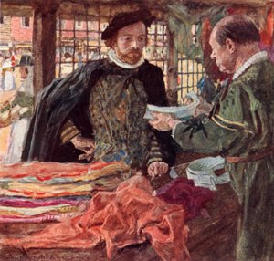 Shakespeare på en Mercers for å kjøpe seg en av de nye fallende kragene som erstatter ruffene