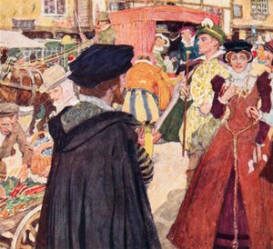 Shakespeare observerer de tåpelige motene og krumspringene til fopsens på Ludgate Hill, London av after William Hatherell