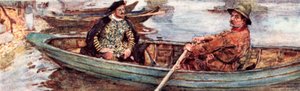 Shakespeare med en vannmann blir rodd nedover Themsen, London