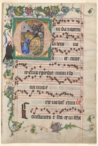 Bifolio fra et antifonarium: Historiert initial O med fødselen av after a work attributed to Zhou Wenju