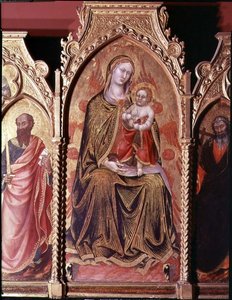Altertavle av Gerard Cossassi degli Assi, detalj av sentralpanelet som viser The Madonna and Child Enthroned (olje på panel) av also Manfredi de Battilori Bartolo di Fredi
