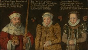 Portrett av kurfyrst Fredrik III av Pfalz (1515–1576) med konene Maria av Brandenburg-Kulmbach og Amalia av Neuenar av anonymous 