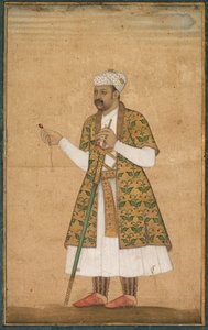 En hoffmann, muligens Khan Alam, holder en spinell og et Deccan-sverd av attributed to Govardhan