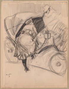 Kvinne går inn i en fiakker (recto) av attributed to Jean Louis Forain