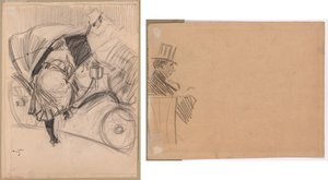 Kvinne går inn i en fiakker (recto); Høyre profil av mann med høy hatt (verso) av attributed to Jean Louis Forain