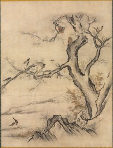 Blomster og fugler i et vårlandskap av attributed to Kano Motonobu