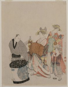 Courtesane på byen med ledsagere om natten av attributed to Kubo Shunman