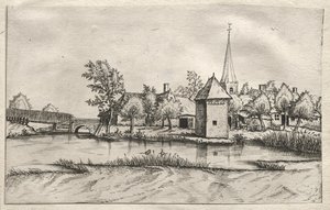 Utsikt over landsbyer i Brabant og Campine: A Moated Village av attributed to Master of the Small Landscapes