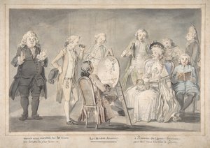 Satirisk tegning: Artist Painting an Old Lady's Portrait, 1729-1804. av attributed to Pietro Antonio Novelli.