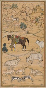 Akbar monterer sin hest; side fra Chester Beatty Akbar Nama (Akbars historie) av attributed to Sur Das Gujarati