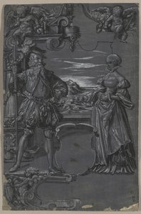 Design for glassmaleri: mann og kvinne i arkitektoniske omgivelser av attributed to Tobias Stimmer