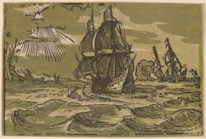 To tremesterskip utenfor en kystlinje av attributed to workshop of Willem Jansz. Blaeu