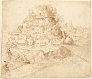 En landsby som ligger ved foten av en høyde (recto) av circle of Giorgione