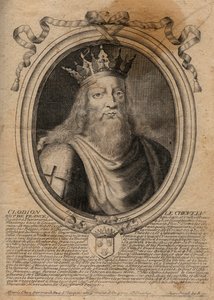 Clodion dit “” Le Chevelu”” (428-448), stamfar til merovingerne, sjef for Salians Francs - Clodion The Hairy (ca. 428-47) konge av en stamme av de saliske frankerne - gravering fra 