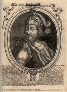 Portrett av Lothair (941 - 986), Frankenes konge - Lothair (941-986) Kongen av Frankrike - gravering fra 'Les Augustes Representations de tous les Kings de France fra Pharamond til Louis XIV', Paris av de Larmessin
