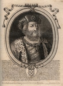 Portrett av Louis IV d'Outremer (d'Outre Mer, d'Outre Mer) (921 - 954), konge av Frankrike - Louis IV kalt d'Outremer eller Transmarinus - gravering fra 'Les Augustes Representations de tous les Kings de France fra Pharamond til Louis X av de Larmessin