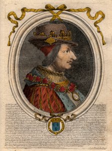 Portrett av Louis XI (1423-1483), konge av Frankrike - Portrett av Louis XI av Frankrike (1423-1483), konge av Frankrike - gravering fra 'Les Augustes Representations de tous les Kings de France fra Pharamond til Louis XIV', Paris