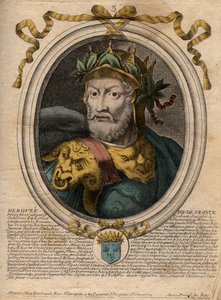 Portrett av Merovee eller Merovech, frankkonge (v448-v458), første konge av den merovingerske rase - Portrett av Merovech (Meroveus) (d456) Kongen av de saliske frankerne - gravering fra 