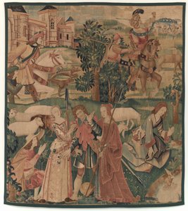 Jakt og pastorale scener, med en lattermild mann mellom damer av design probably French 16th Century, Paris; woven in southern Netherlands or Paris in an undetermine workshop