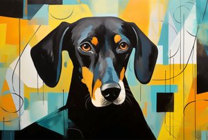 En hund som ligger på gulvet, fargerik abstrakt, veggkunst | Lerretstrykk