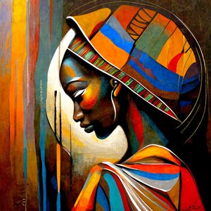 Abstrakt kunst: Afrikansk kvinne i bønn, veggkunst | Lerretstrykk