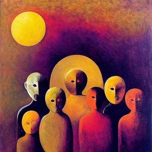 Abstrakt folkemengde med uttrykksfulle ansikter, figurativ surrealismekunst