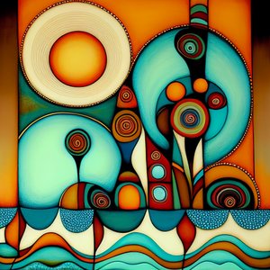 Abstrakt strand, bølget hav og vind, inspirert av hundertwasser, kunsttrykk