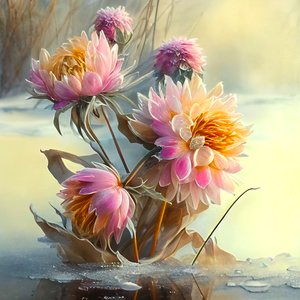 Abstrakte rosa og gule georginer blomster bøyd av en iskald vind, kunsttrykk