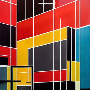 Geometriske arkitektoniske former maling på lerret, veggkunsttrykk