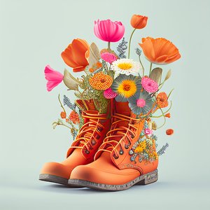 Sko og blomster, digital kunstmaling, veggkunsttrykk på forespørsel