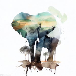 Akvarell elefant og afrikansk savannemaleri, veggkunsttrykk