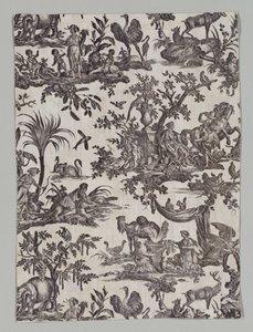 Fragment av Copperplate Printed Cotton med "Les quatres parties du monde" Design av firm of Christophe Philippe Oberkampf